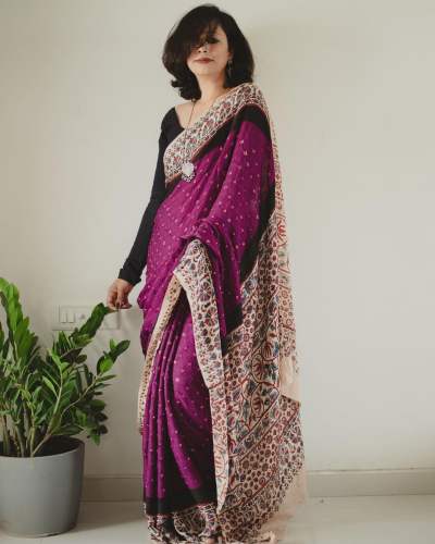 New Lunching Fancy Ajrakh Digital Print Muslin fabric Saree 