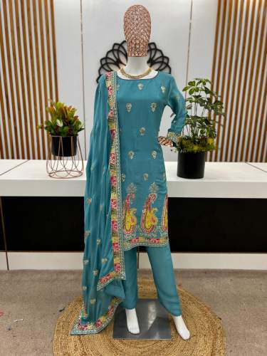 New Ramzan Eid Collection Chinon Silk And Heavy Embroidery Sequence Work Top-Bottom And Dupatta Set