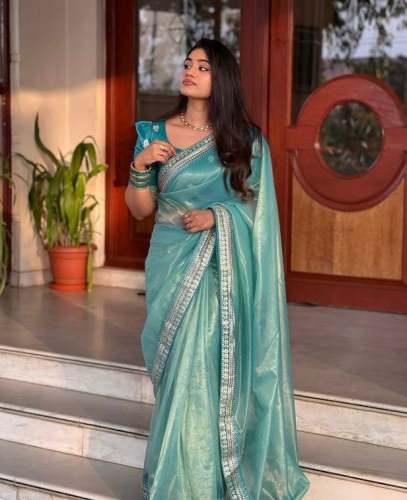 new stylist Golden Zari Sequence Lace Tissue Silk saree