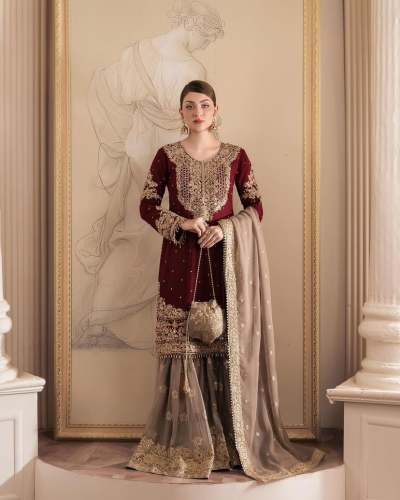 Presenting Georgette Fully Sequins Embroidered Top Sharara Dupatta set 