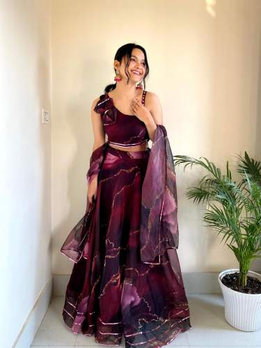 Pure organza silk digital printed lehenga With Cute Batwa Bag