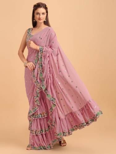 stylelist gerogette fabric with embrdery work ruffle saree
