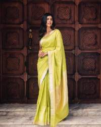 South Style Lemon Green Lichi Silk Saree 