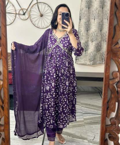 trendi rayon print alia cut kurti pant dupatta set