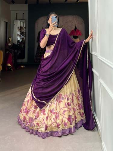 Unique Beautiful Vichitra Silk Lehenga With Lace Touch Up