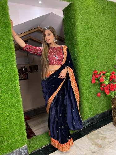 Wenter Wear Style 9000 Pure Velvet Embroidered & Fancy Lace Border saree