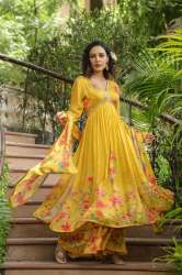  Yellow Rose chiffon aliacut Kurti with sharara pant with duppatta set 
