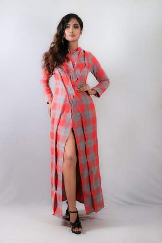 Women Pleated Orange Western Dress
