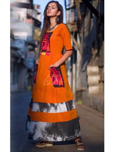 Ladies Orange Designer Cotton Kurti
