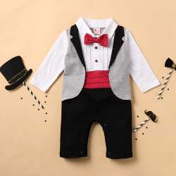 Red Bow Attached Gray Romper