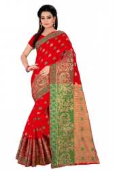 Red Mor Print Cotton Silk Sarees