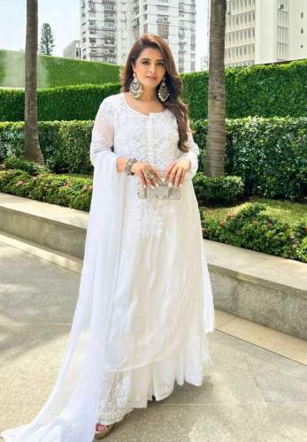 Fancy White Cotton Thread Embroidered Work Palazzo Suit 