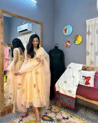 Party Wear Hand Printed Organza Anarkali Suit 