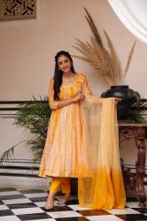 Yellow zikzack Tabby Organza Salwar Suit by Jadkart 