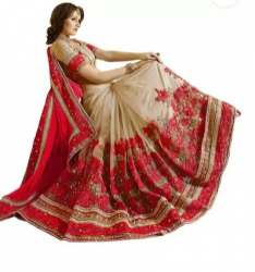 Red And Cream Net Sari At Wholesaler Rate By Nivah