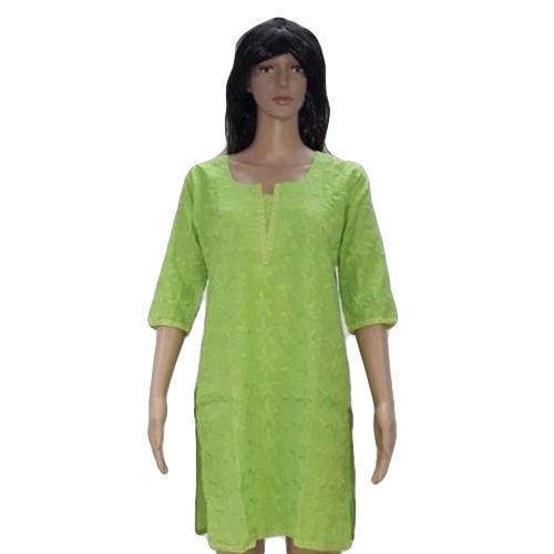 Parrot Green Embroidered Plain Kurti 