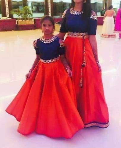 Red Blue Lehanga for mother and daughter
