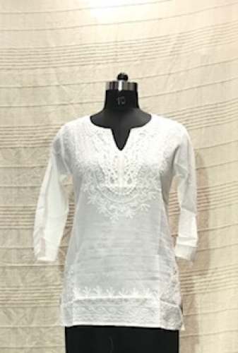 Ladies Cotton Bundigala Pattern White Kurti