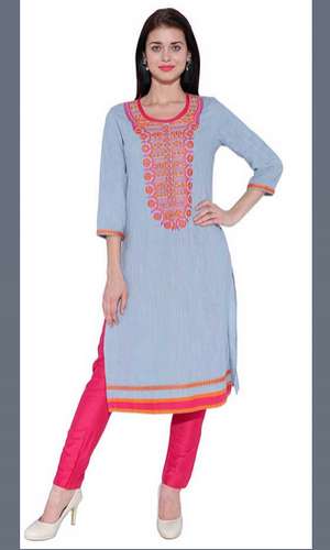 Formal wear Grey Embroidered Cotton Kurti 