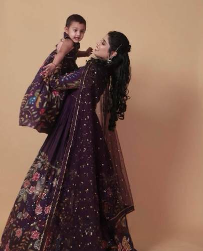 Dreamy coral Mother-daughter Combo gown with Embroidery Sequence Work