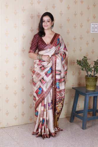 Polka dot Tussar silk saree with digital printed pallu and zari 