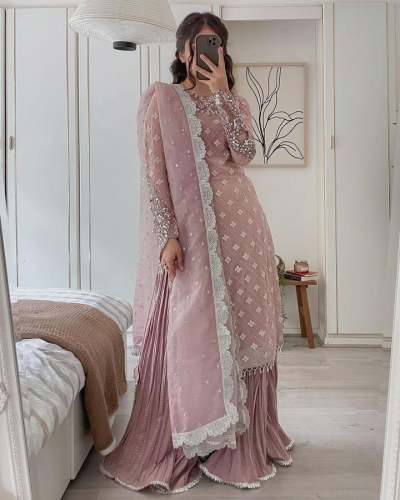 Real Mirror and Siqunce Embroidery New Designer Party Top Pallazo & Dupatta Set