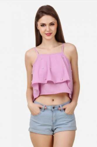 Spaghetti Strip Pink Crop Top  by Sixteen Street Pvt Ltd