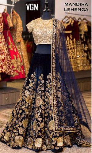 velvet blue designer lahengha choli by Vastravilla Shopping
