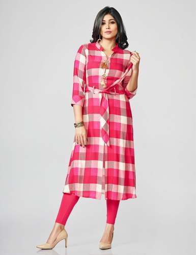 Fabulous Pink Check Rayon Kurtis by Dressing Trendz Pvt Ltd