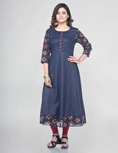 Royal Blue Border Print Rayon Kurtis