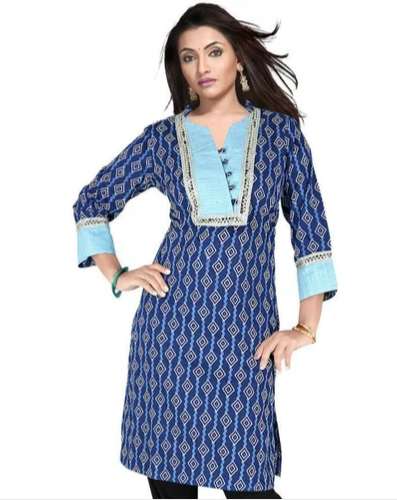 Casual Wear Ladies Cotton Blue Printed Kurtis by J K Fab Crafts