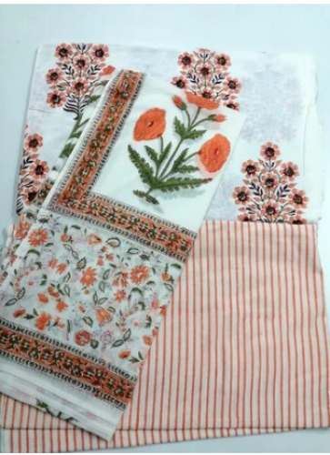 Block Printed Cotton Suit Set Top Bottom Dupatta