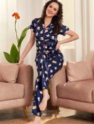 Fancy Blue Satin Printed Night Suit 