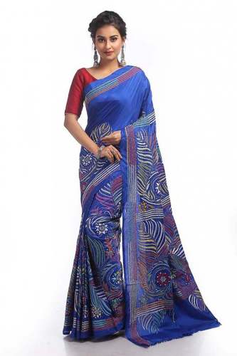 Fancy Art Silk Multicolour Kantha Stitch Saree by Banglarsare Handloom Udyog