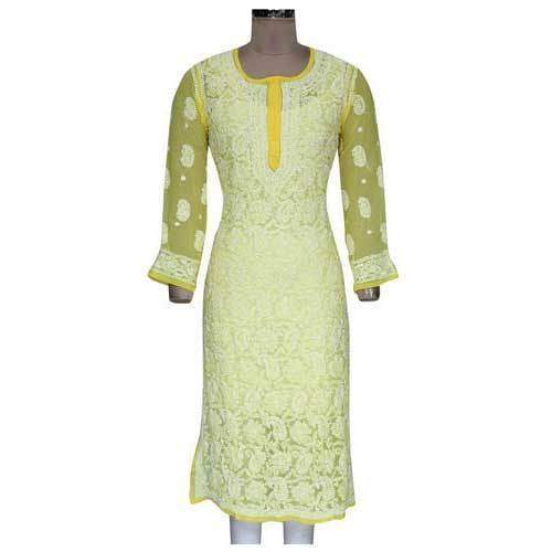 embroidered lime yellow chikan kurti  by Uday Tex