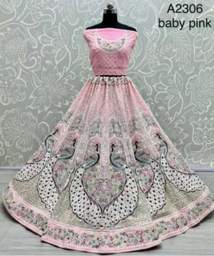 Baby Pink Georgette Peacock Pattern Lehenga Choli by Fab Zone