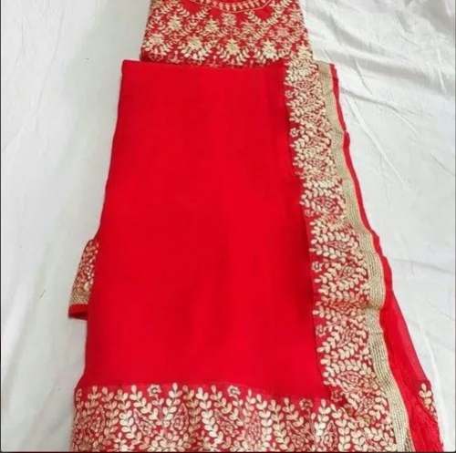 Plain Red Georgette Saree With Golden Border