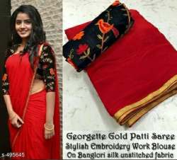 Plain Silk Red Gold Patti Saree For Women