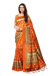 orange kalamkari printed saree