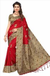 red kalamkari print saree