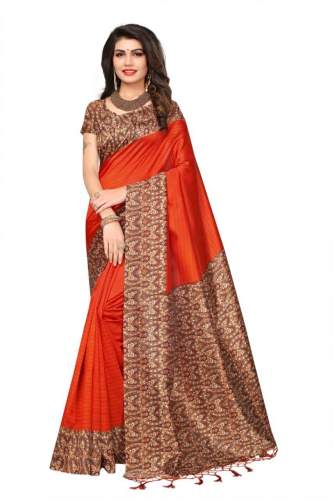 saffron kalamkari printed saree