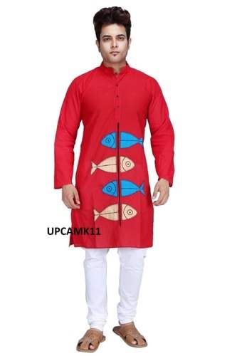 Fish Print Mens Cotton kurta with pajama