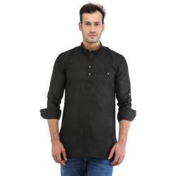 Men Straight Black Cotton Kurta
