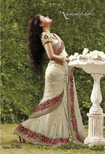 white fancy work saree