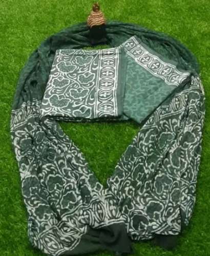 Party Wear Green color Cotton Suit With Chiffon Dupatta