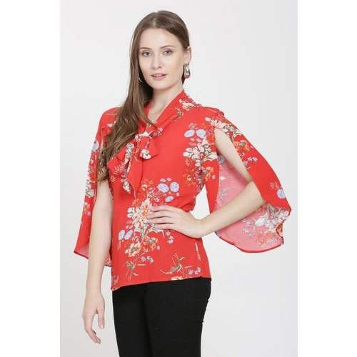 Red Floral Printed Viscose Trendy Top by parory international