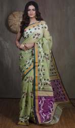 Cotton Dhakai Jamdani Saree in Pista and Magenta