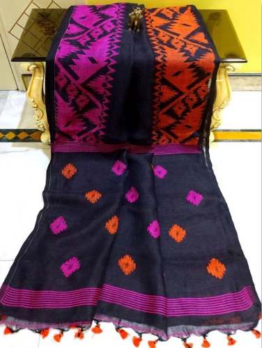 Jamdani Style Linen Saree in Black color