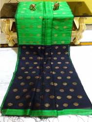 Matka Tussar Saree in Green and Black
