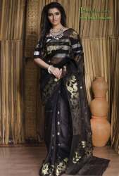 Muslin Jamdani Saree in Black with Gold  Work